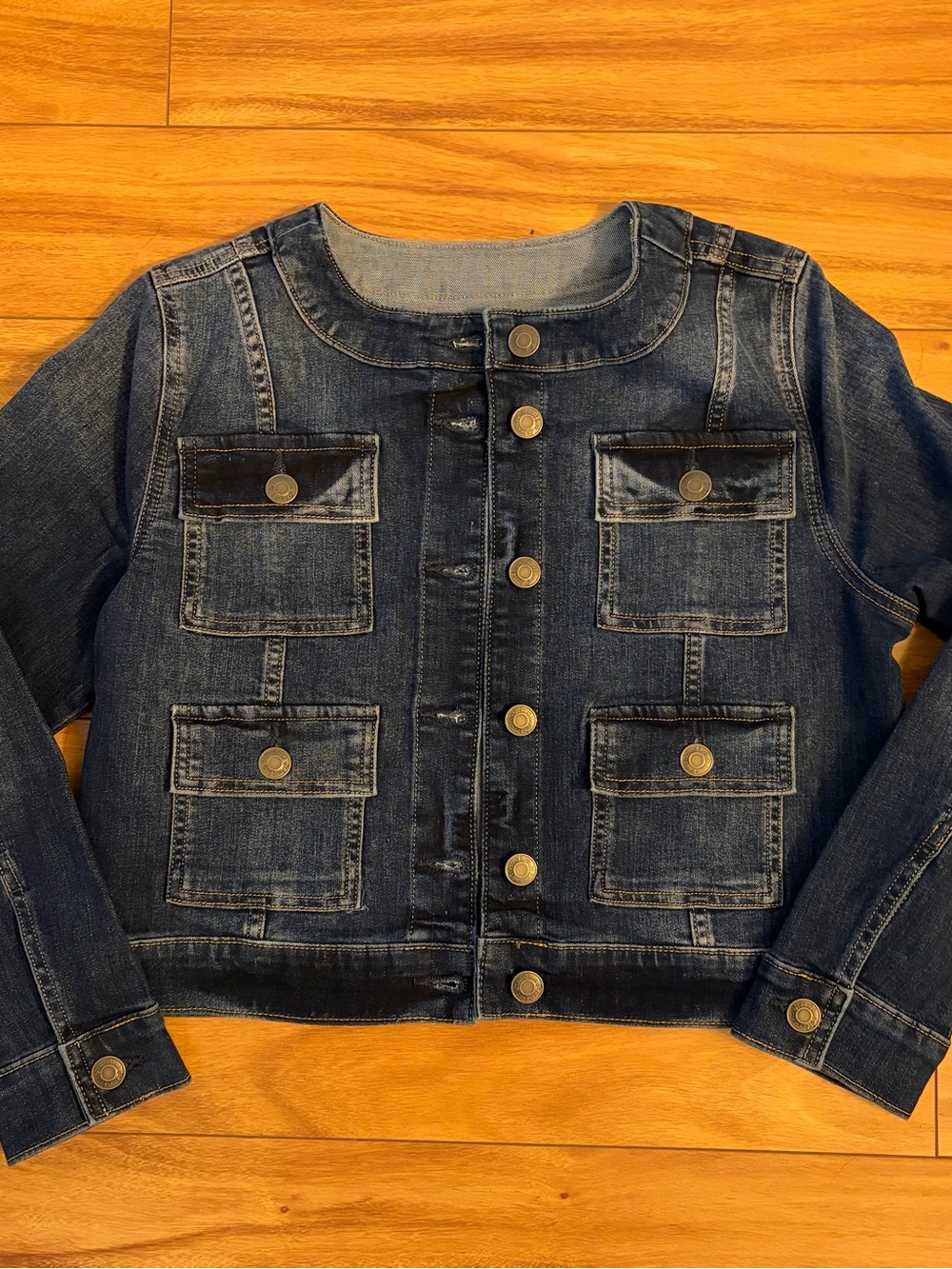 Dark Blue Denim Button-Front Jean Jacket with Patch Pockets